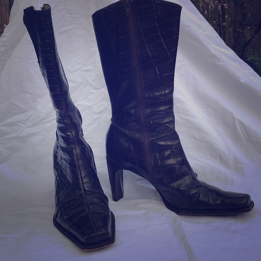 Alligator embossed dark brown leather boots
